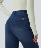 High Waisted Tummy Control Straight Leg Casual Jeans with Pockets — Estate Blue Denim — view 4