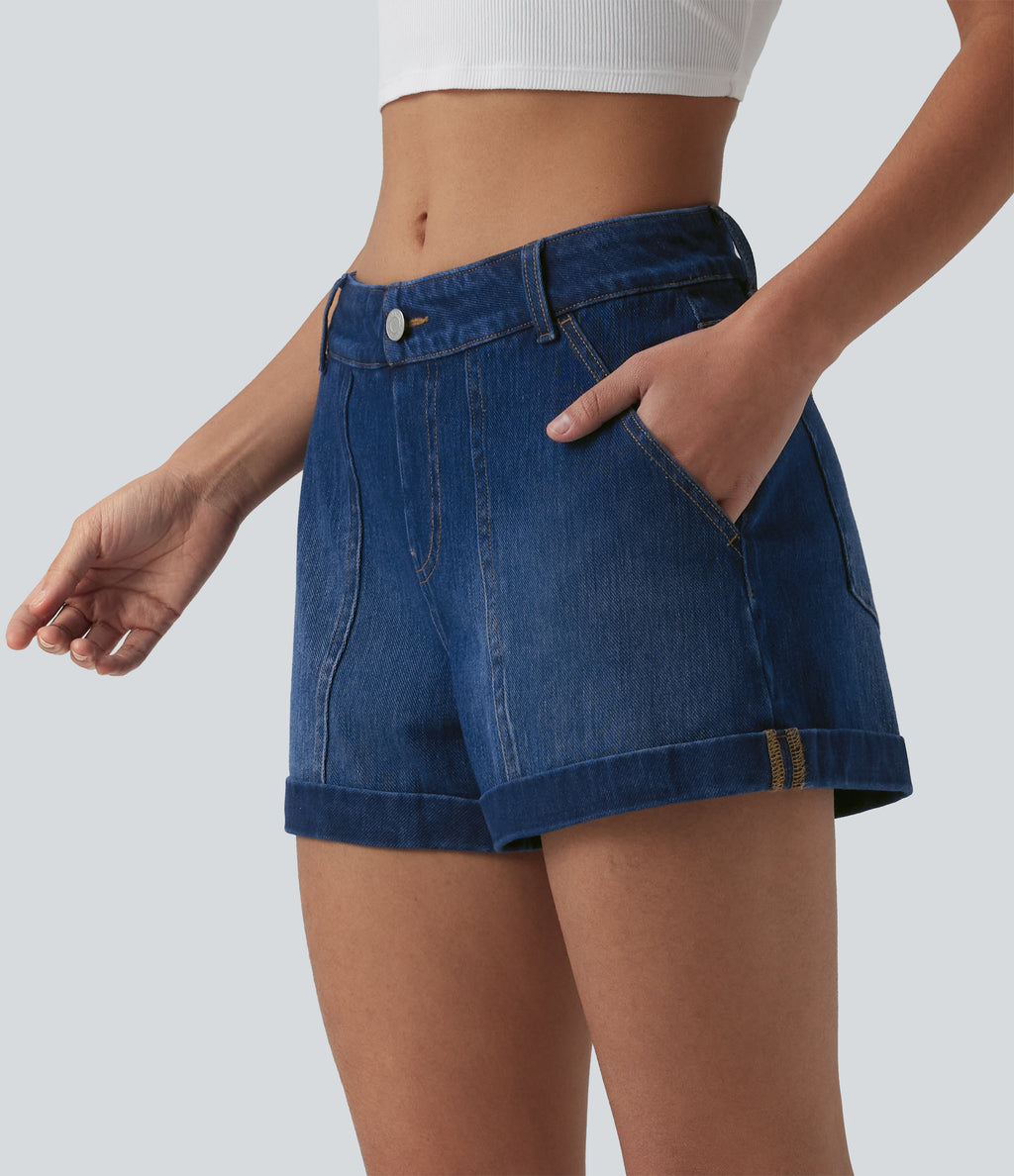 Low Rise Denim Casual Shorts 3'' with Pockets — Estate Blue Denim — view 3