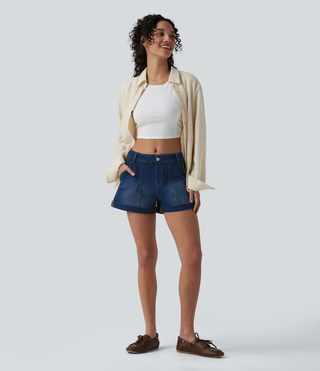 Low Rise Denim Casual Shorts 3'' with Pockets — Estate Blue Denim — view 6