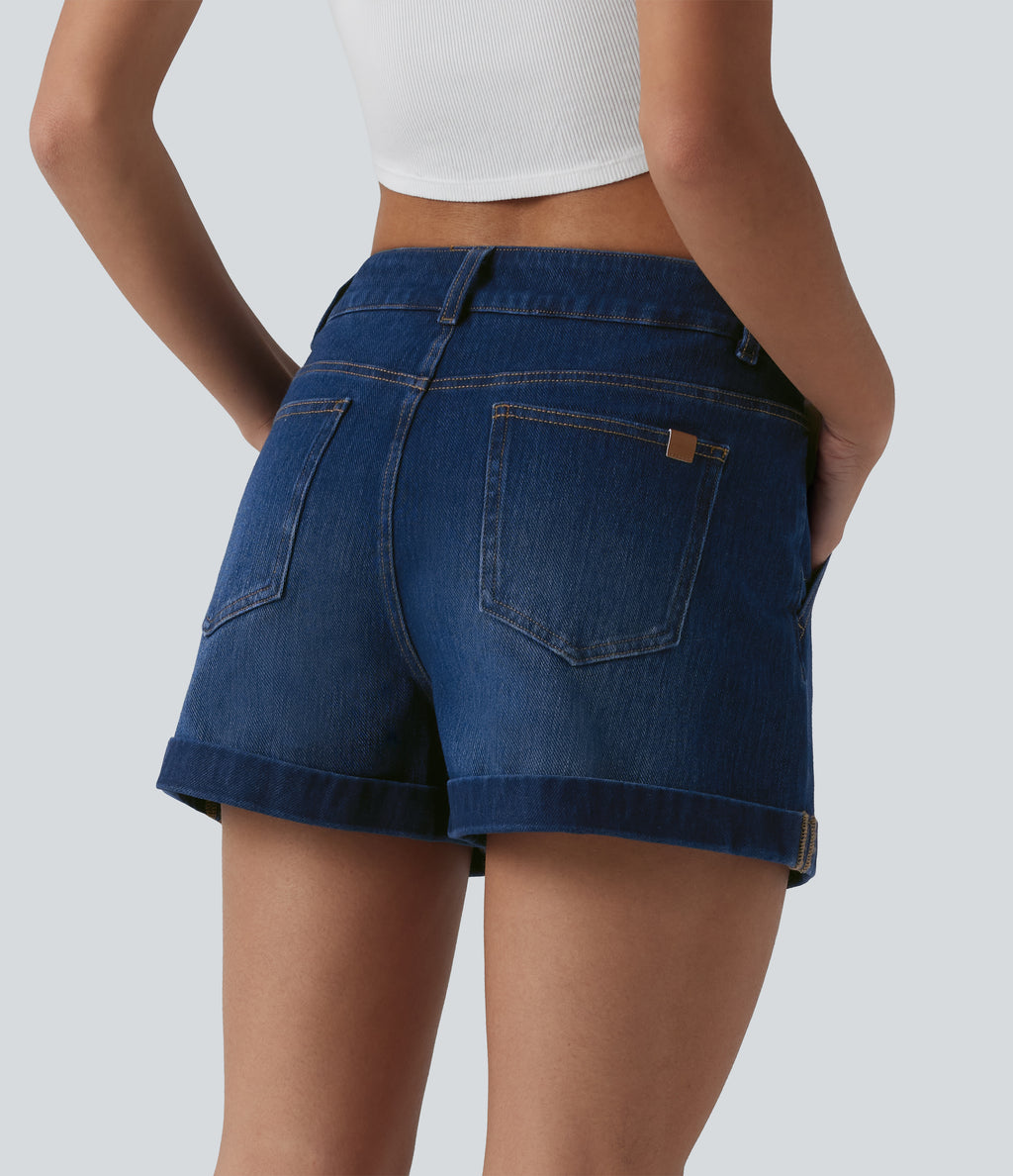 Low Rise Denim Casual Shorts 3'' with Pockets — Estate Blue Denim — view 2