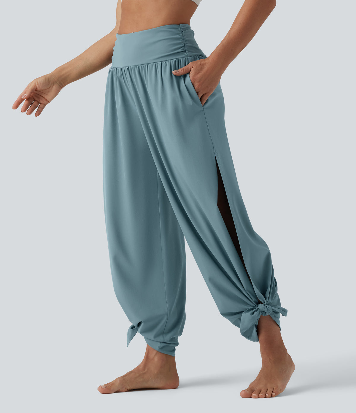 High Waisted Ruched Split Quick Dry Resort Flowy Trousers with Pockets — Stone Blue — view 2