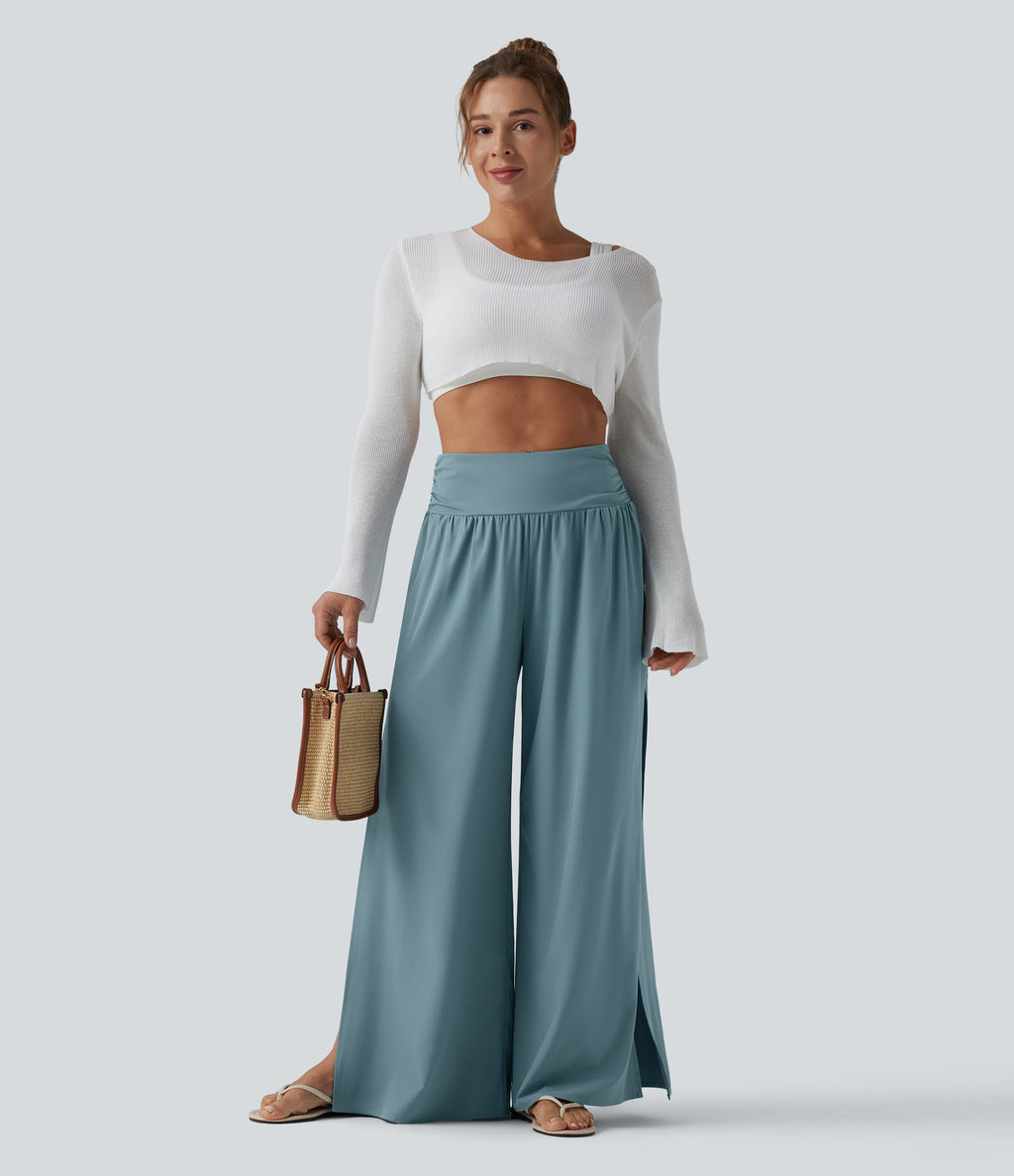 High Waisted Ruched Split Quick Dry Resort Flowy Trousers with Pockets — Stone Blue — view 7