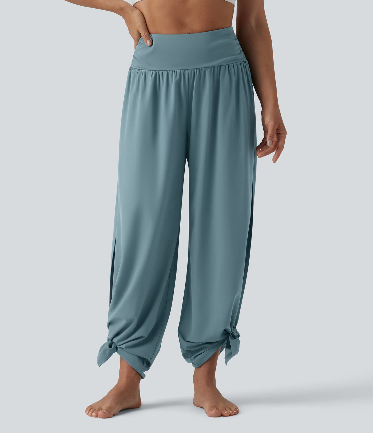 High Waisted Ruched Split Quick Dry Resort Flowy Trousers with Pockets — Stone Blue — view 3