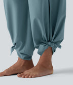 High Waisted Ruched Split Quick Dry Resort Flowy Trousers with Pockets — Stone Blue — view 5