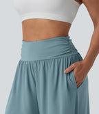 High Waisted Ruched Split Quick Dry Resort Flowy Trousers with Pockets — Stone Blue — view 4