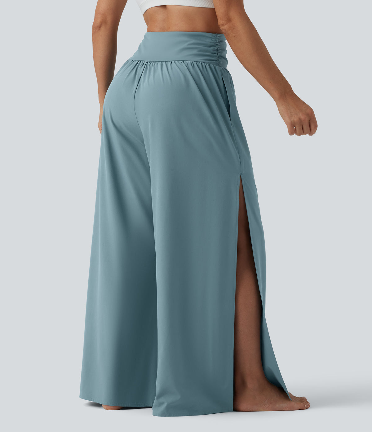 High Waisted Ruched Split Quick Dry Resort Flowy Trousers with Pockets — Stone Blue — view 6