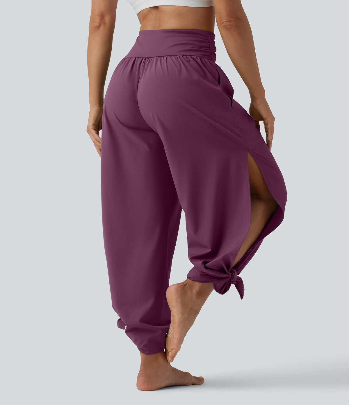 High Waisted Ruched Split Quick Dry Resort Flowy Trousers with Pockets — Amaranth — view 8