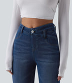 High Waisted Crossover Tummy Control Bootcut Casual Jeans with Pockets — Tide Blue Denim — view 4
