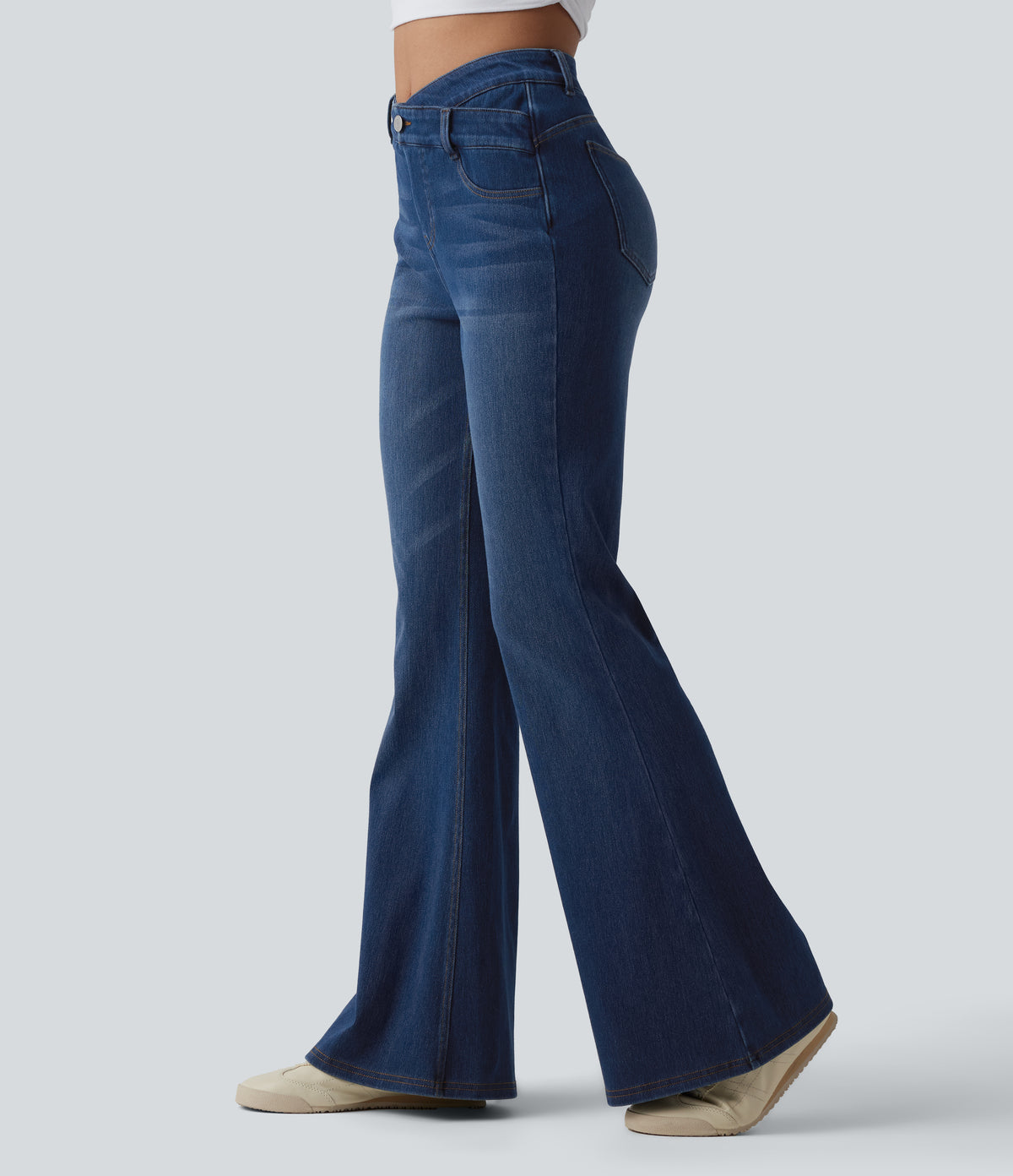 High Waisted Crossover Tummy Control Bootcut Casual Jeans with Pockets — Tide Blue Denim — view 3