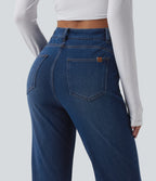 High Waisted Crossover Tummy Control Bootcut Casual Jeans with Pockets — Tide Blue Denim — view 5