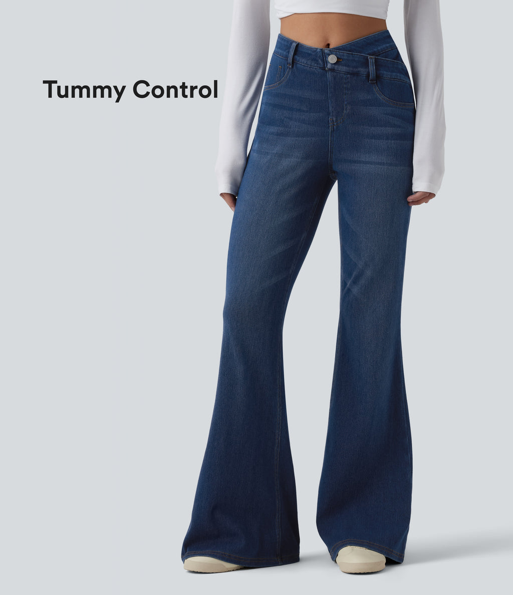 High Waisted Crossover Tummy Control Bootcut Casual Jeans with Pockets — Tide Blue Denim — view 1