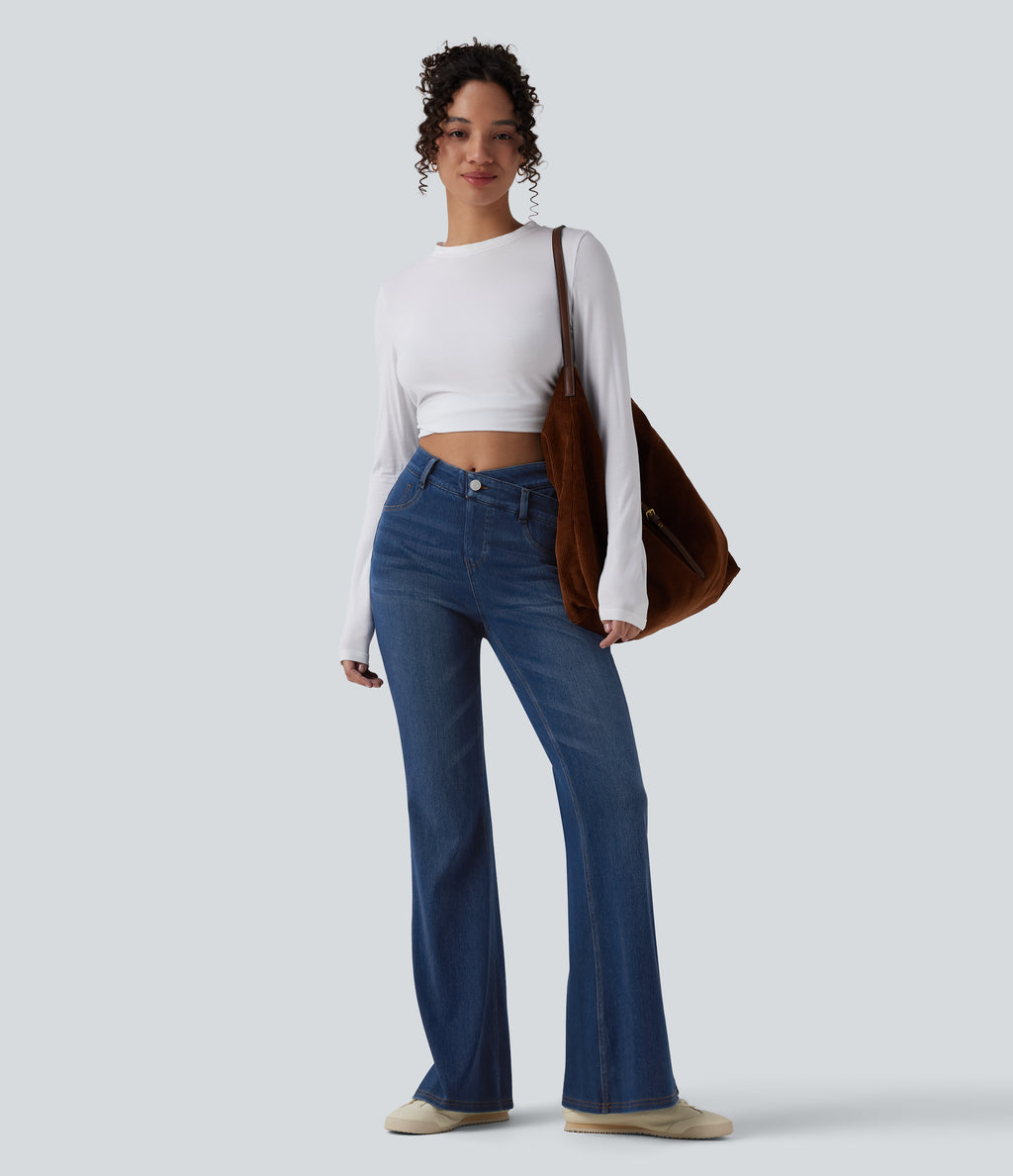 High Waisted Crossover Tummy Control Bootcut Casual Jeans with Pockets — Tide Blue Denim — view 6