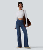 High Waisted Crossover Tummy Control Bootcut Casual Jeans with Pockets — Tide Blue Denim — view 6