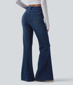 High Waisted Crossover Tummy Control Bootcut Casual Jeans with Pockets — Tide Blue Denim — view 2