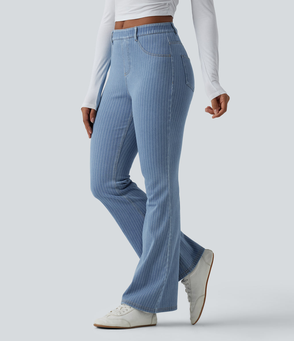Mid Rise Stripe Flare Casual Jeans with Pockets — Blue Jasper Denim — view 1