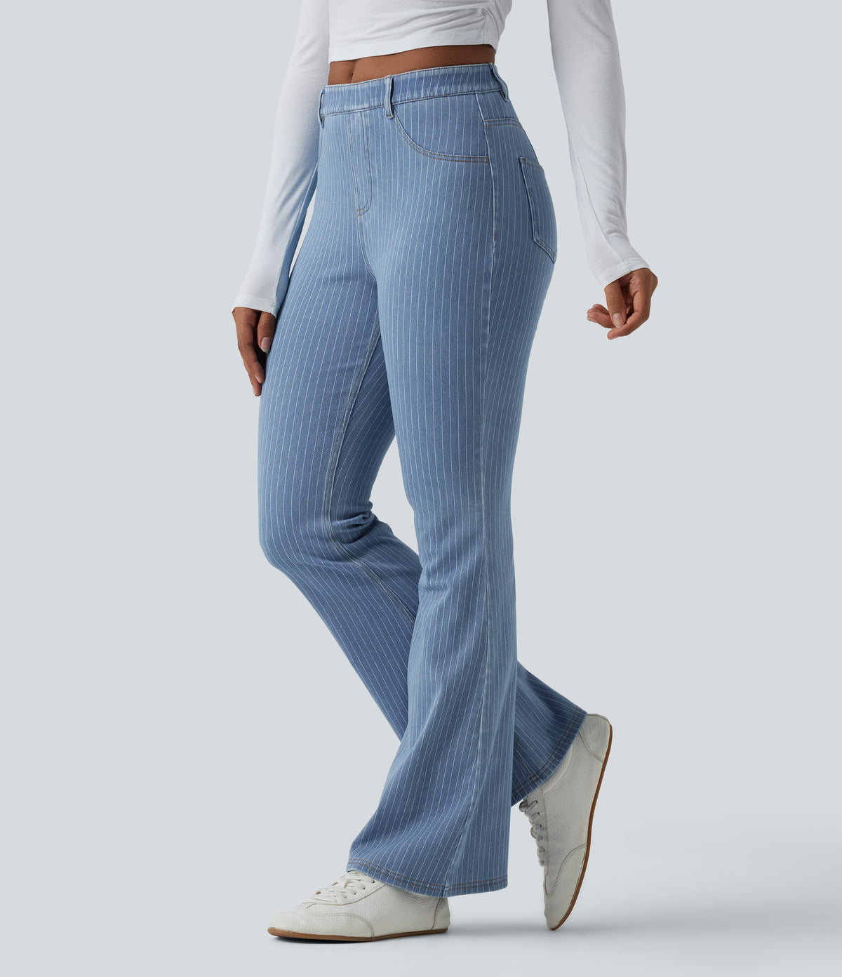 Mid Rise Stripe Flare Casual Jeans with Pockets — Blue Jasper Denim — view 1