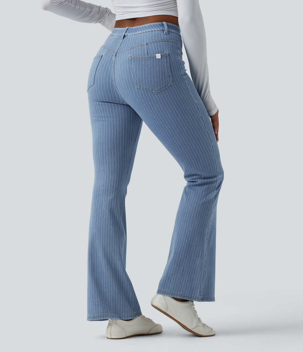 Mid Rise Stripe Flare Casual Jeans with Pockets — Blue Jasper Denim — view 2