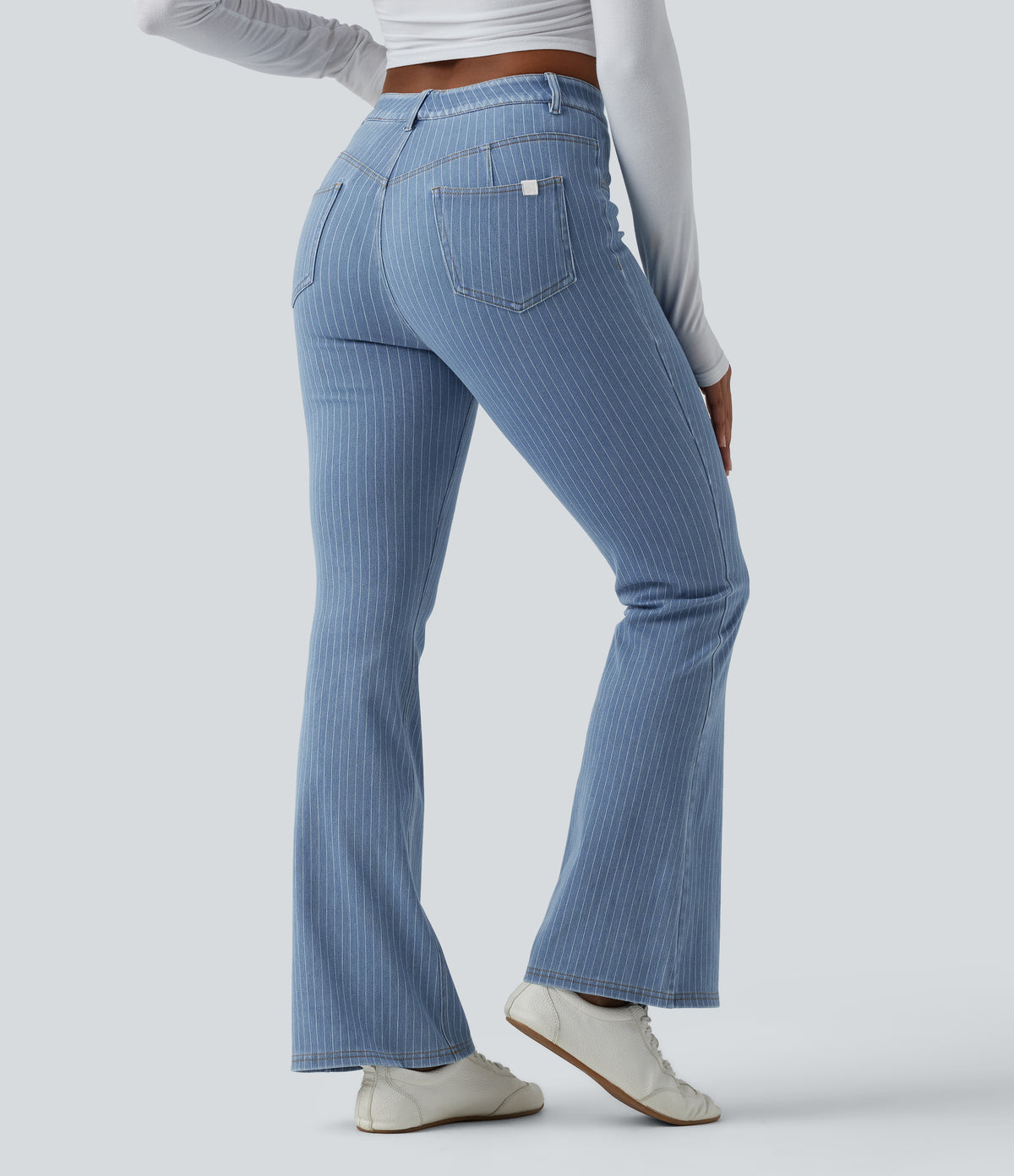Mid Rise Stripe Flare Casual Jeans with Pockets — Blue Jasper Denim — view 2