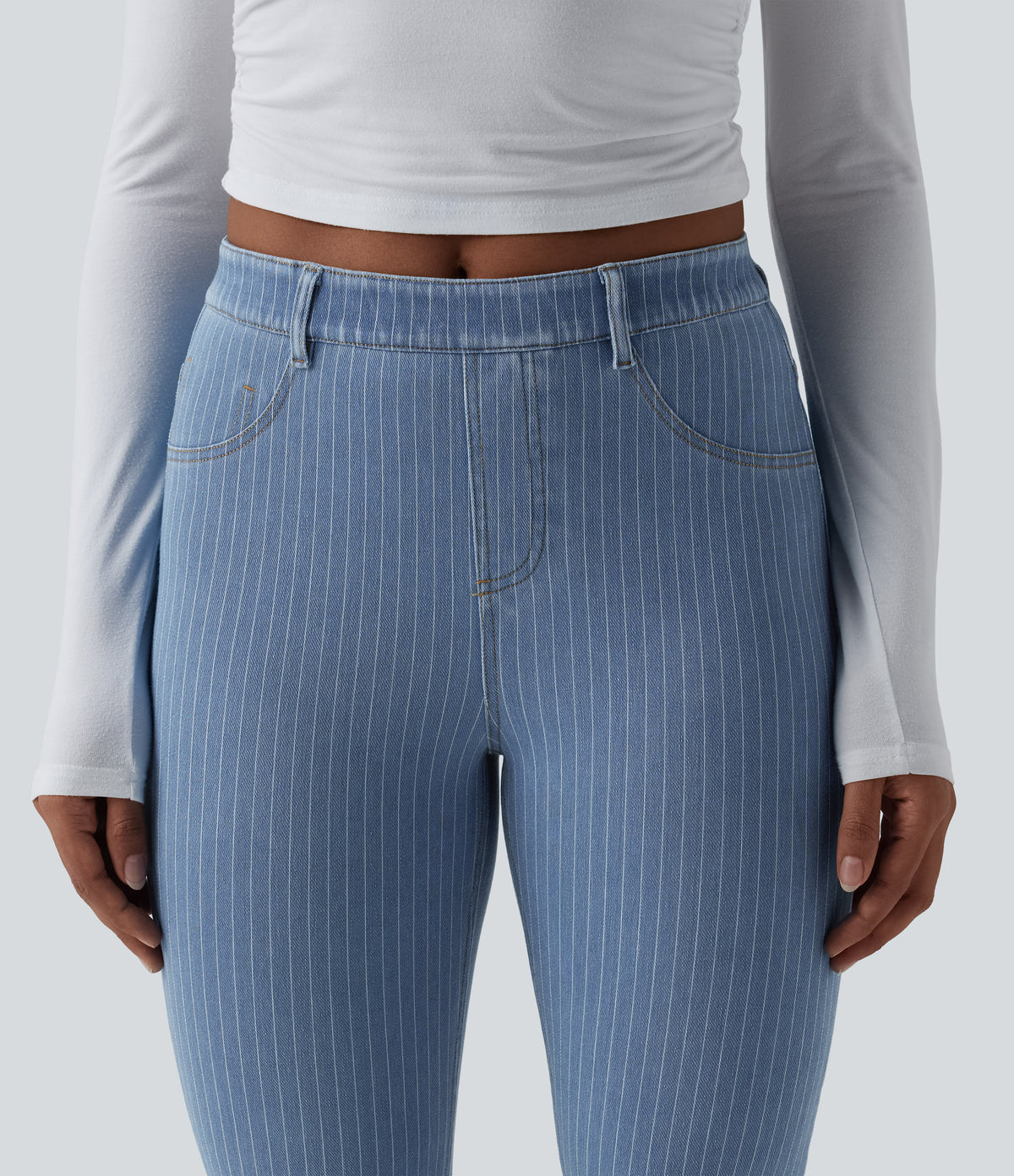 Mid Rise Stripe Flare Casual Jeans with Pockets — Blue Jasper Denim — view 5