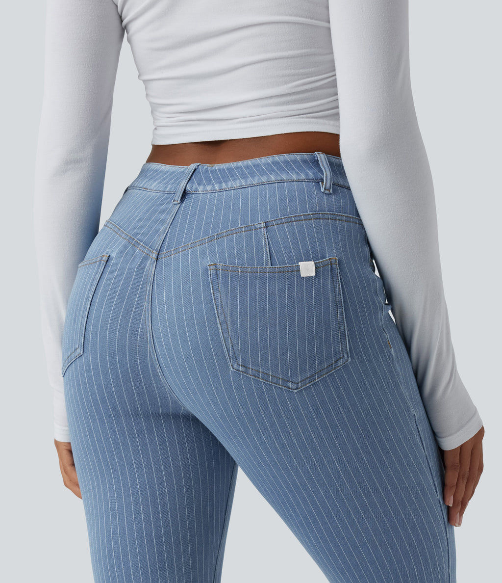 Mid Rise Stripe Flare Casual Jeans with Pockets — Blue Jasper Denim — view 4