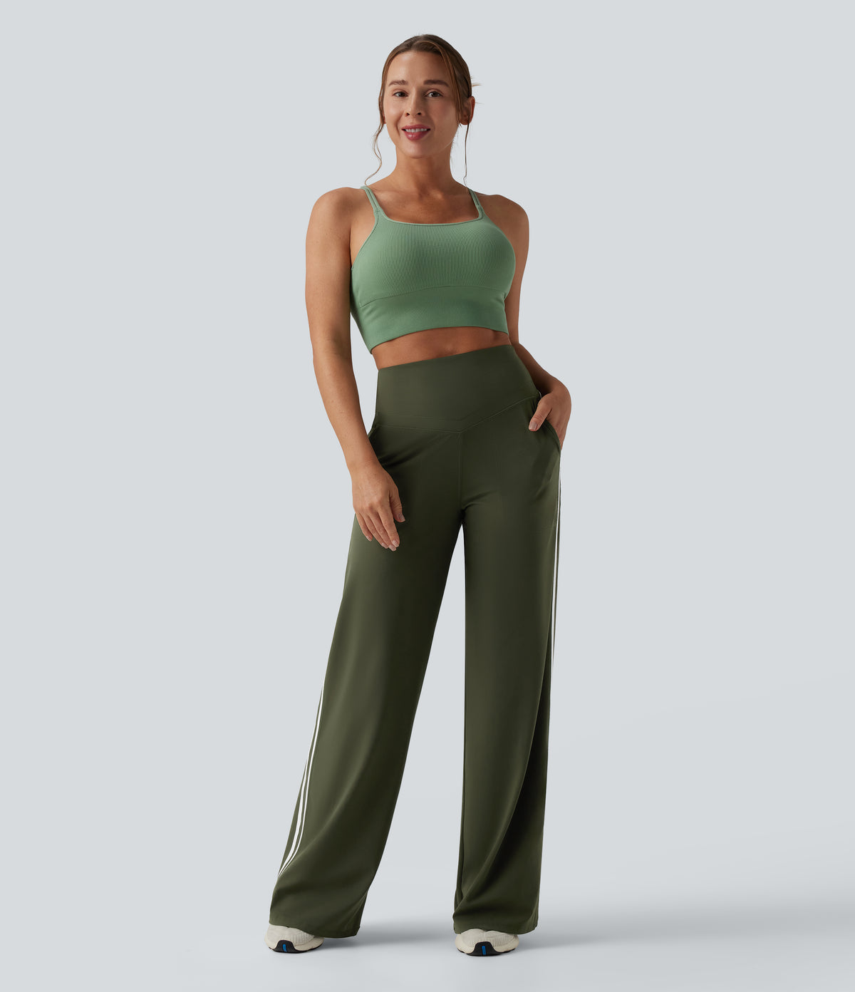 High Waisted Tummy Control Color Block Stripes Yoga Baggy Trousers with Pockets — Deep Woodland Green — view 6