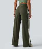 High Waisted Tummy Control Color Block Stripes Yoga Baggy Trousers with Pockets — Deep Woodland Green — view 2