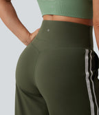 High Waisted Tummy Control Color Block Stripes Yoga Baggy Trousers with Pockets — Deep Woodland Green — view 5