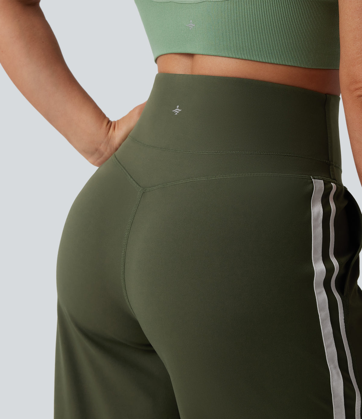 High Waisted Tummy Control Color Block Stripes Yoga Baggy Trousers with Pockets — Deep Woodland Green — view 5