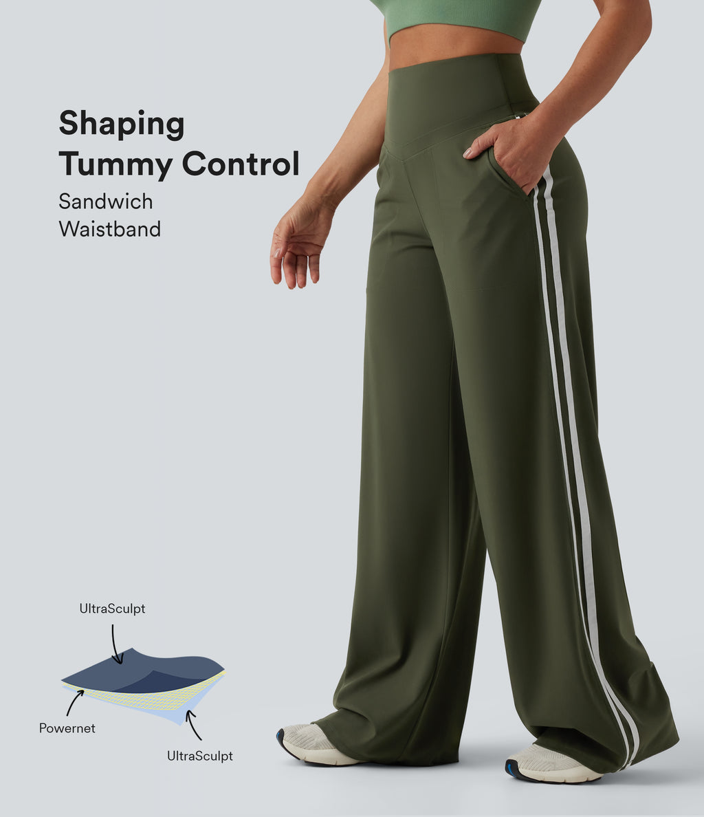 High Waisted Tummy Control Color Block Stripes Yoga Baggy Trousers with Pockets — Deep Woodland Green — view 1