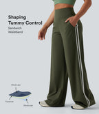 High Waisted Tummy Control Color Block Stripes Yoga Baggy Trousers with Pockets — Deep Woodland Green — view 1