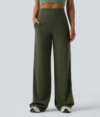 High Waisted Tummy Control Color Block Stripes Yoga Baggy Trousers with Pockets — Deep Woodland Green — view 3