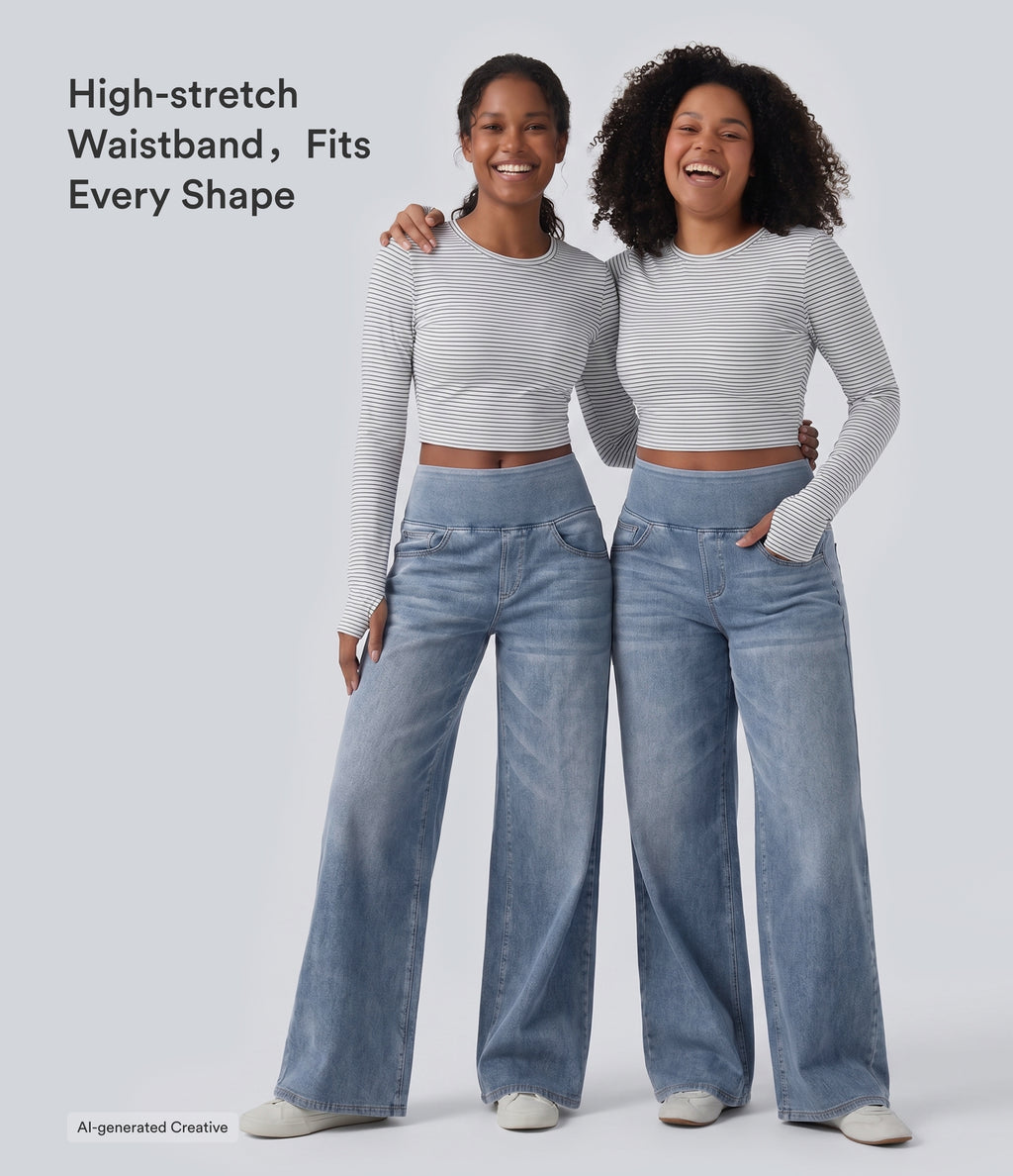 Mid Rise Draped Lyocell Washed Casual Baggy Wide Leg Jeans with Pockets — Blue Jasper Denim — view 5
