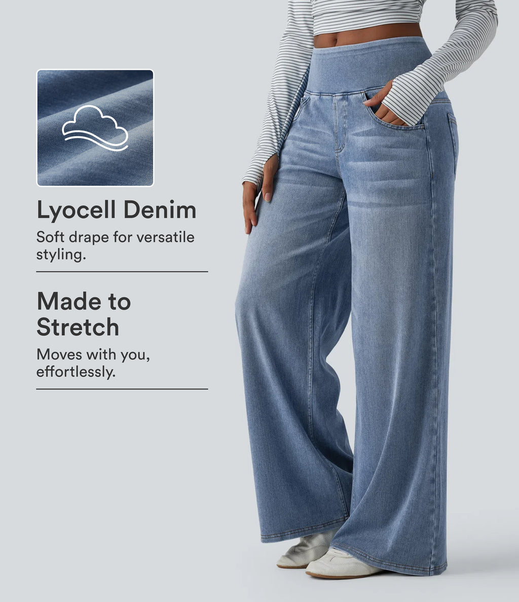Mid Rise Draped Lyocell Washed Casual Baggy Wide Leg Jeans with Pockets — Blue Jasper Denim — view 1