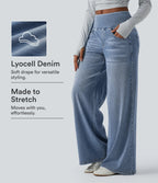 Mid Rise Draped Lyocell Washed Casual Baggy Wide Leg Jeans with Pockets — Blue Jasper Denim — view 1