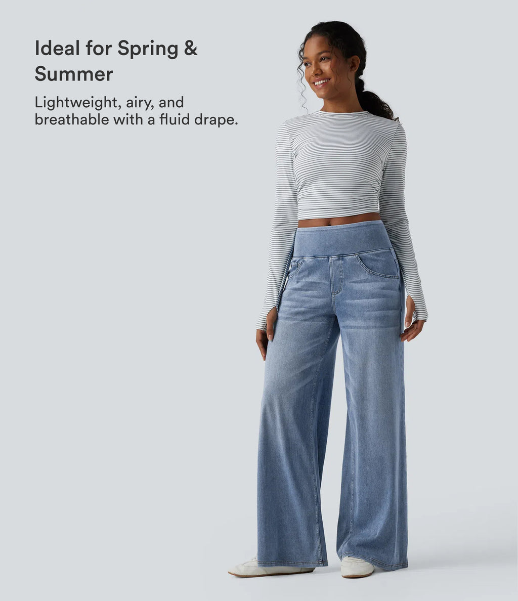 Mid Rise Draped Lyocell Washed Casual Baggy Wide Leg Jeans with Pockets — Blue Jasper Denim — view 4