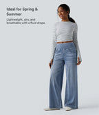 Mid Rise Draped Lyocell Washed Casual Baggy Wide Leg Jeans with Pockets — Blue Jasper Denim — view 4