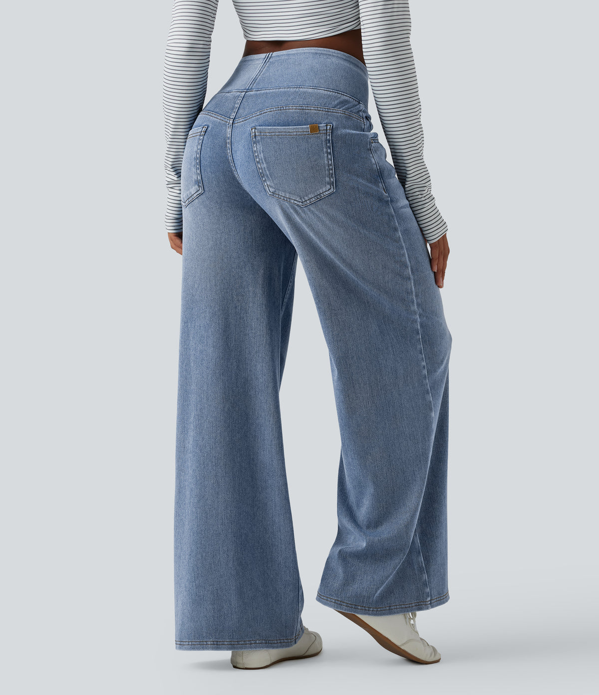 Mid Rise Draped Lyocell Washed Casual Baggy Wide Leg Jeans with Pockets — Blue Jasper Denim — view 2