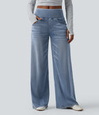 Mid Rise Draped Lyocell Washed Casual Baggy Wide Leg Jeans with Pockets — Blue Jasper Denim — view 6