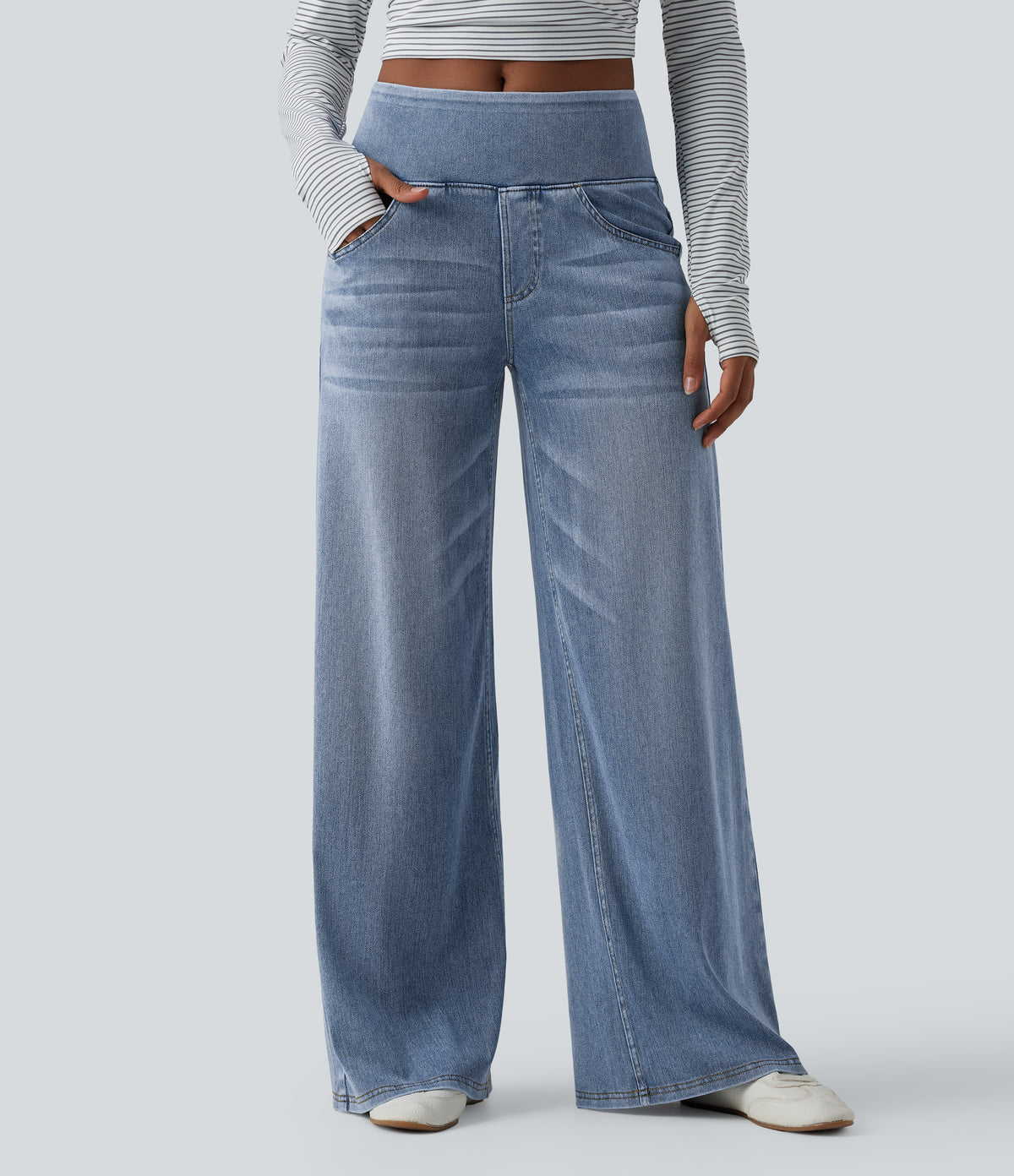 Mid Rise Draped Lyocell Washed Casual Baggy Wide Leg Jeans with Pockets — Blue Jasper Denim — view 6
