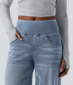 Mid Rise Draped Lyocell Washed Casual Baggy Wide Leg Jeans with Pockets — Blue Jasper Denim — view 7
