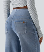 Mid Rise Draped Lyocell Washed Casual Baggy Wide Leg Jeans with Pockets — Blue Jasper Denim — view 8
