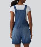 V Neck Rolled Hem Washed Denim Casual Dungarees with Pockets — Estate Blue Denim — view 3