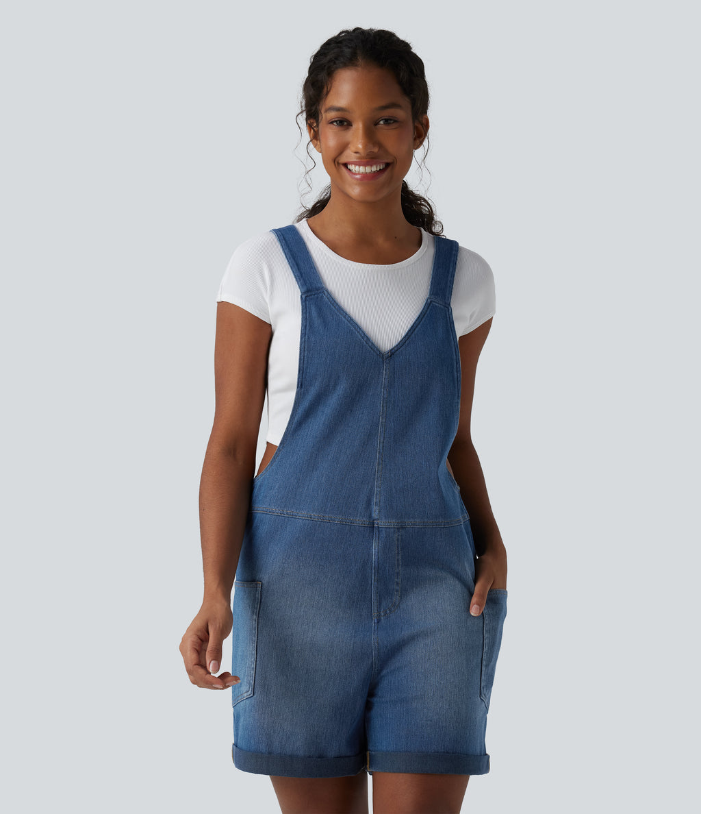 V Neck Rolled Hem Washed Denim Casual Dungarees with Pockets — Estate Blue Denim — view 2