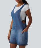 V Neck Rolled Hem Washed Denim Casual Dungarees with Pockets — Estate Blue Denim — view 5