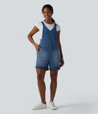 V Neck Rolled Hem Washed Denim Casual Dungarees with Pockets — Estate Blue Denim — view 1