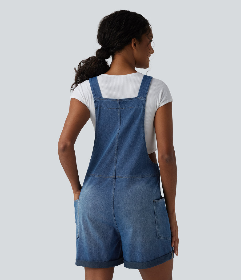 V Neck Rolled Hem Washed Denim Casual Dungarees with Pockets — Estate Blue Denim — view 6