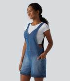 V Neck Rolled Hem Washed Denim Casual Dungarees with Pockets — Estate Blue Denim — view 4