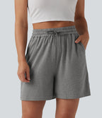 High Waisted Drawstring Casual Baggy Shorts 5'' with Pockets — Mottled Light Grey — view 1