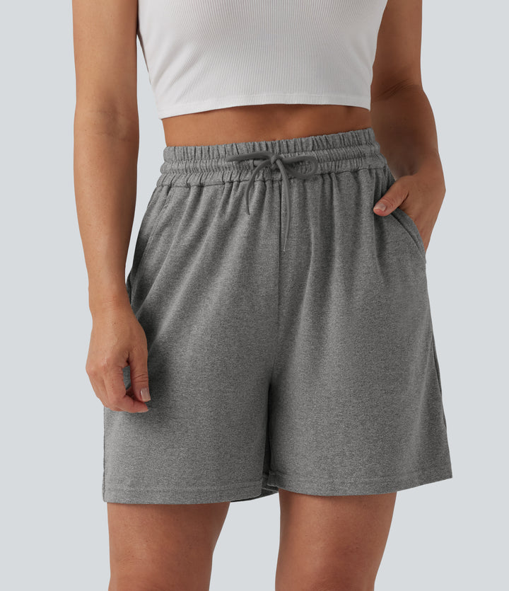 High Waisted Drawstring Casual Baggy Shorts 5'' with Pockets — Mottled Light Grey — view 1