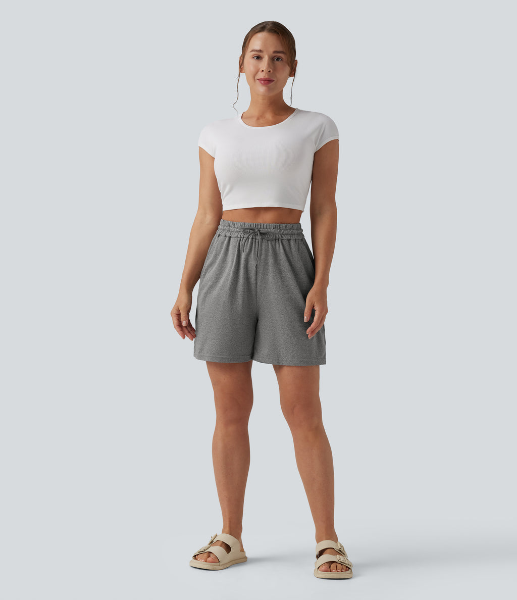 High Waisted Drawstring Casual Baggy Shorts 5'' with Pockets — Mottled Light Grey — view 7